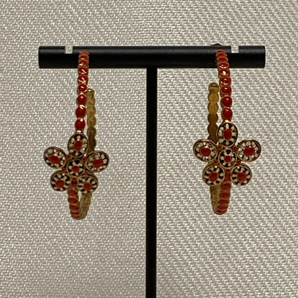 Stella & Dot Orange and Cream Enamel Hoop Earrings with Flower Detail